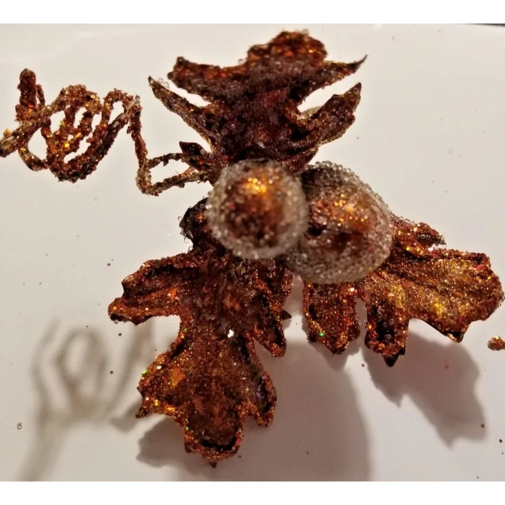 Fall Leaves & Acorn Napkin Ring Holders Set of 6 Sparkle Copper Color